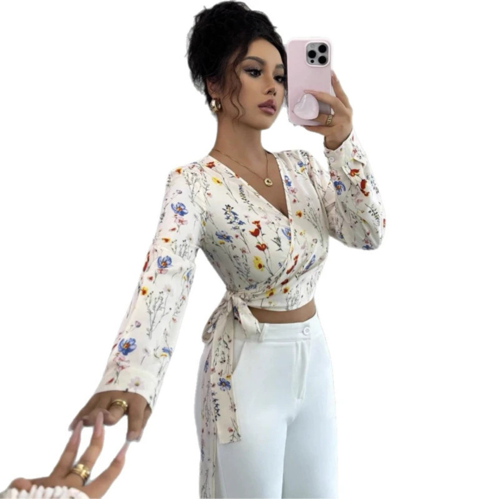 ZARA Printed Long Sleeve Tie Neck Top